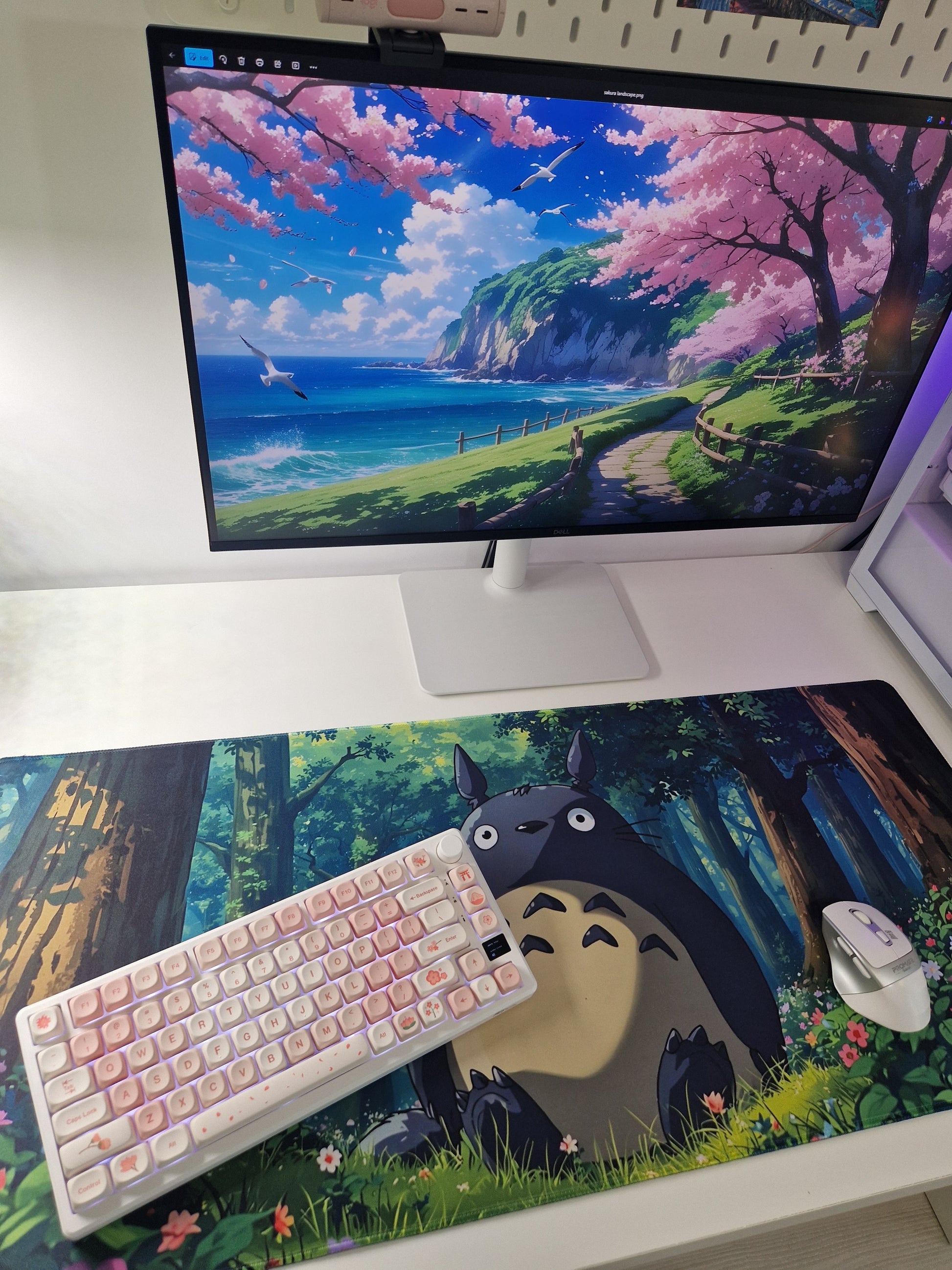 Setup de gaming cu mousepad cu personaj inspirat din Ghibli - Totoro. Mouse si tastatura si un peisaj din natura.